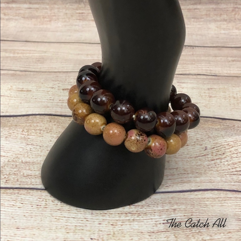 Set of (2) Beaded Bracelets / Brown & Beige